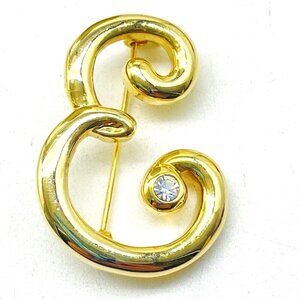 AAI Gold Tone Script Letter E Brooch Signed Rhinestone Accent Vintage Pin